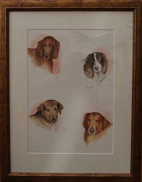 Photograph of a framed watercolour painting of four dogs, by Joanna Culley