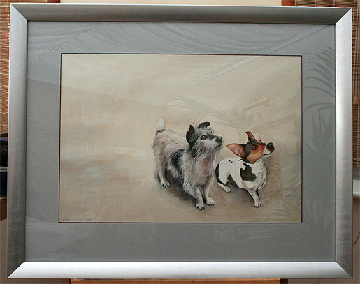 Photograph of a framed watercolour painting of two dogs, by Joanna Culley